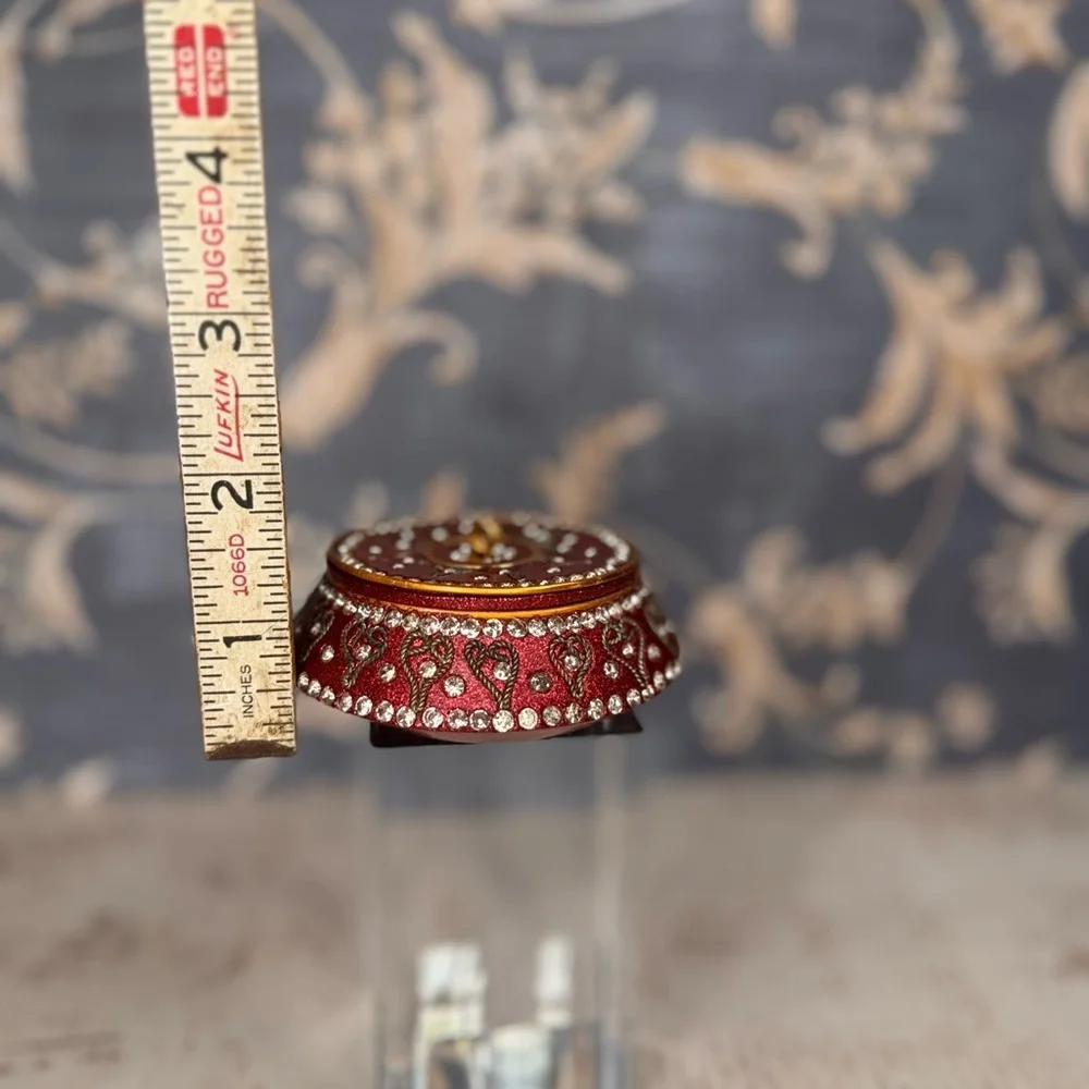 Vintage Red Jeweled Trinket Box Rhinestone Enamel Ormolu Round Casket